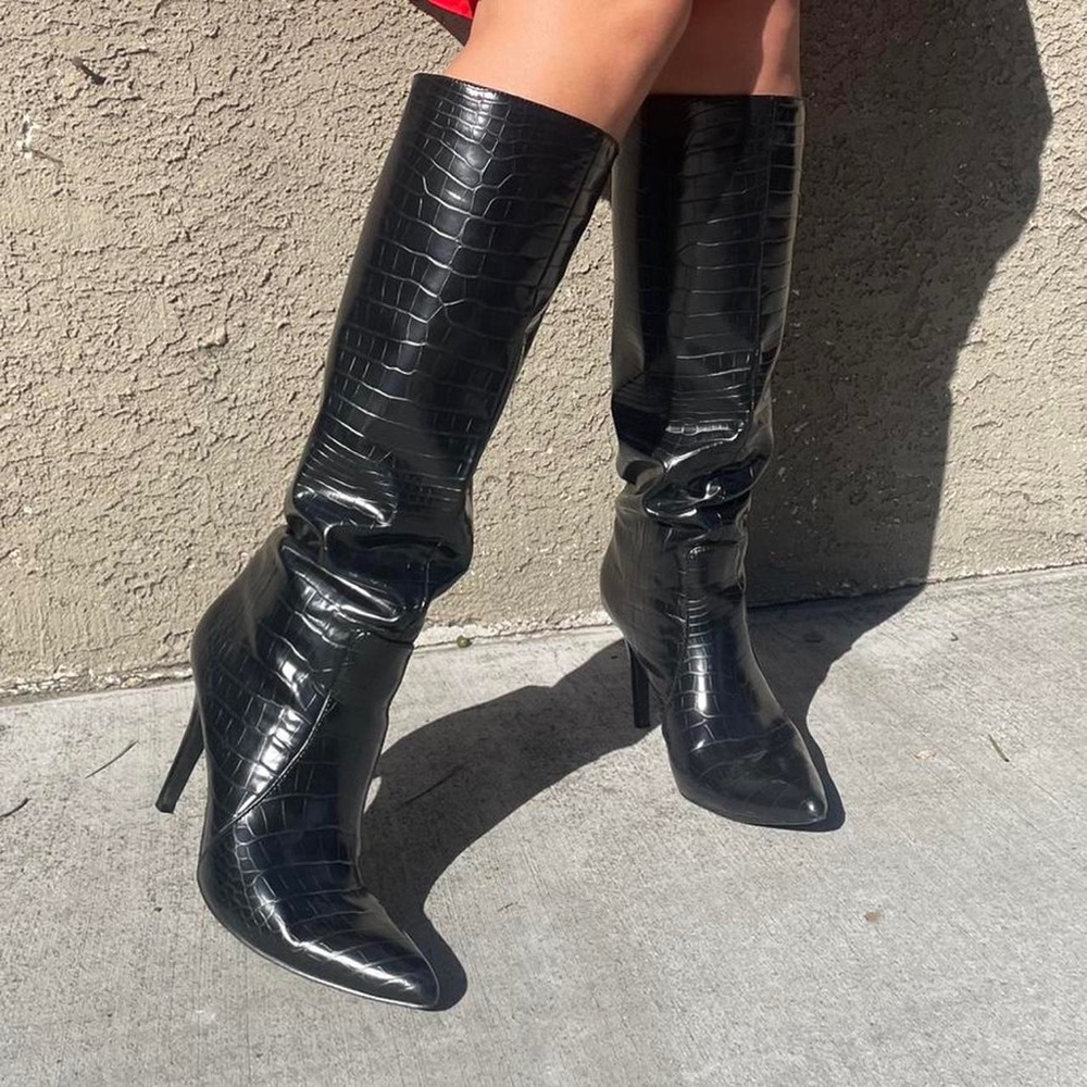 Black Faux Crocodile Knee-High Boots